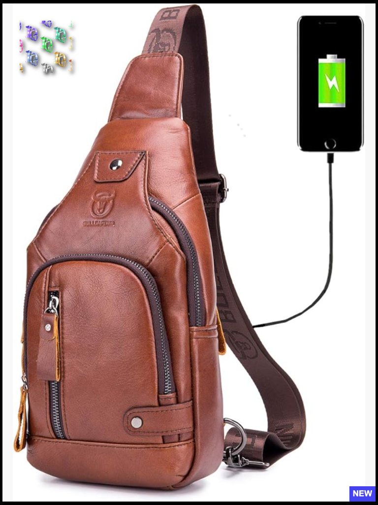 Genuine Leather Sling Bag Usb Charging Multi Pocket Chest Daypack
